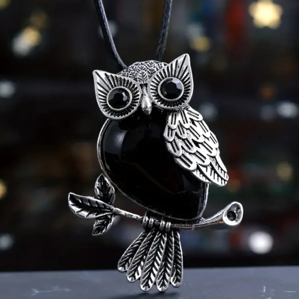 Obsidian Natural Stone Owl Pendant Healing Gemstone Necklace